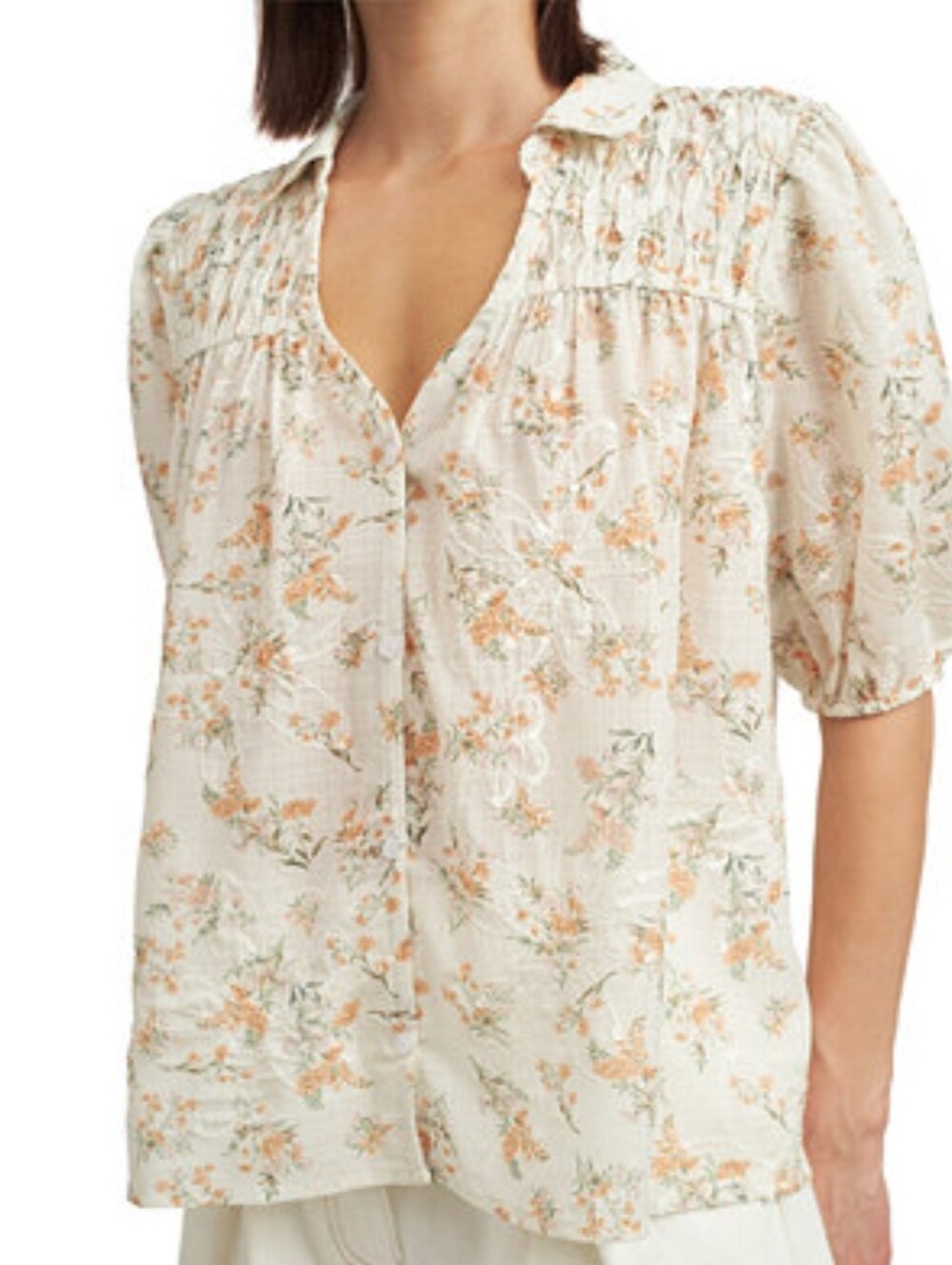 En Saison Cream Floral Puff-Sleeve Button Front Blouse
